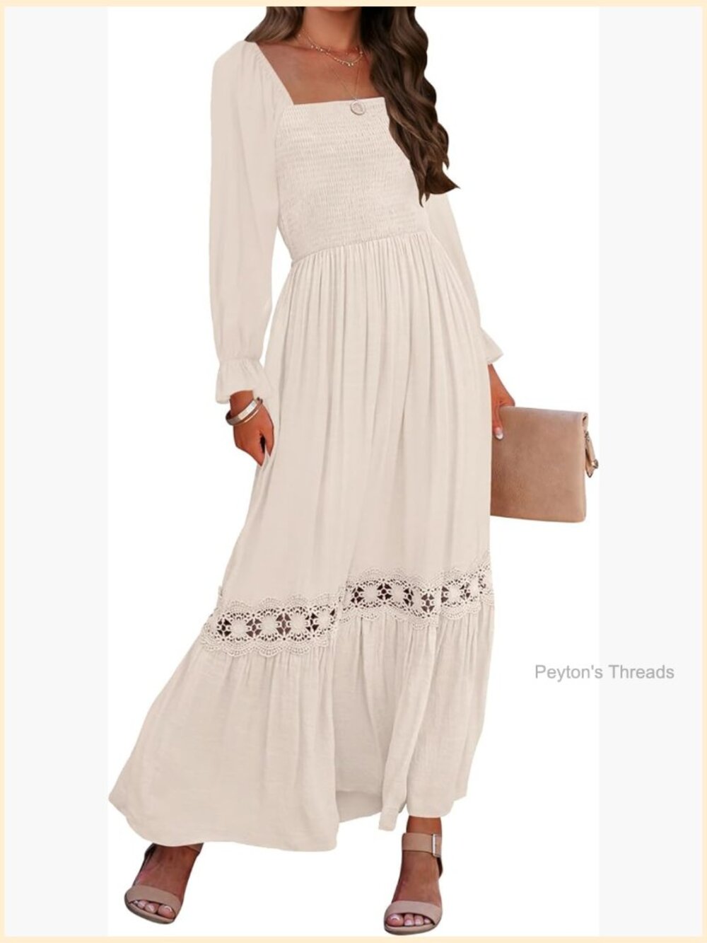 Square Neck Smocked High Waist A-Line Lace Trim Maxi Dress